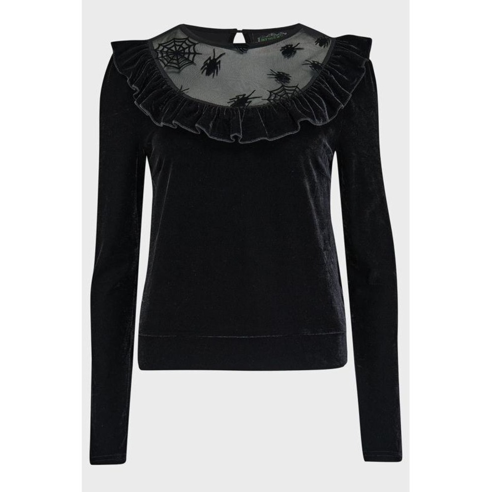 Killstar here lies beetlejuice long sleeve top velvet ruffle mesh black